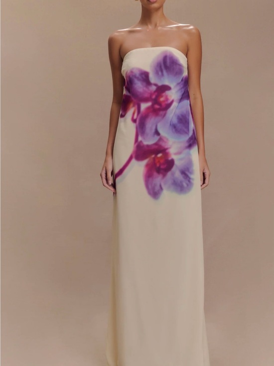 Meshki Dresses & Skirts - Meshki Cream Strapless Maxi Dress with Purple Floral Accent